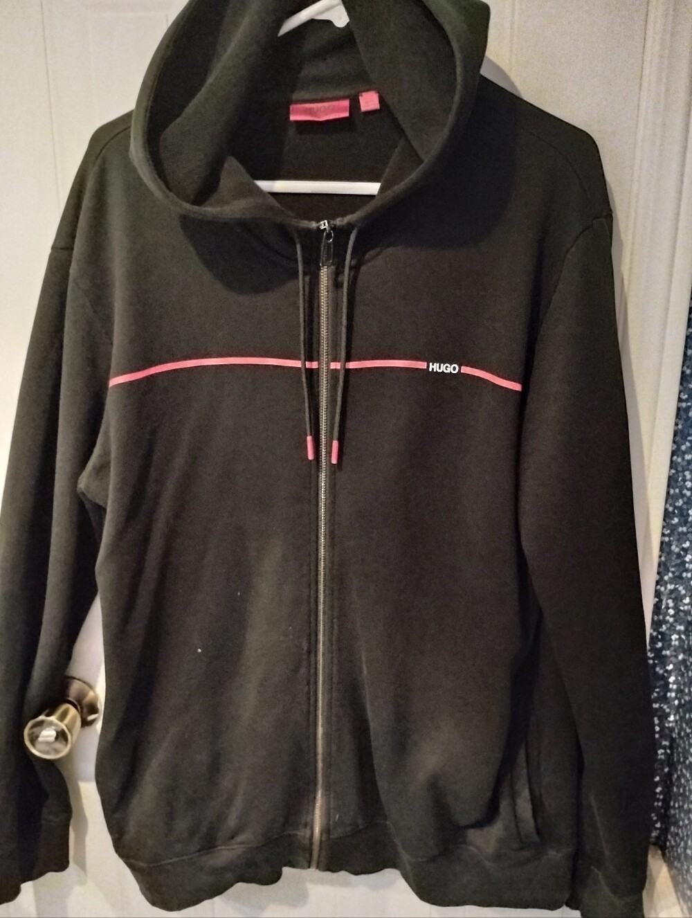 HUGO Black Hooded Zip Jacket with Red Stripe